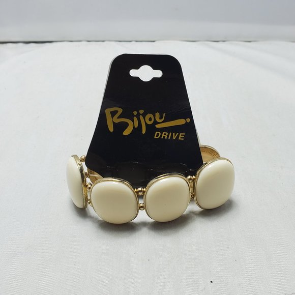 Bijou 80's retro faux ivory stone with gold trim stretch bracelet - Picture 3 of 5